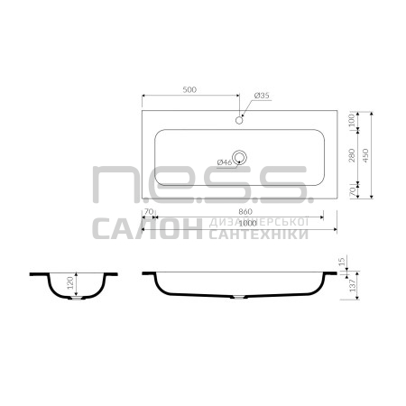 Умивальник зі штучного каменю MONO 100 mat, Marmorin, P_U_595_03_1000