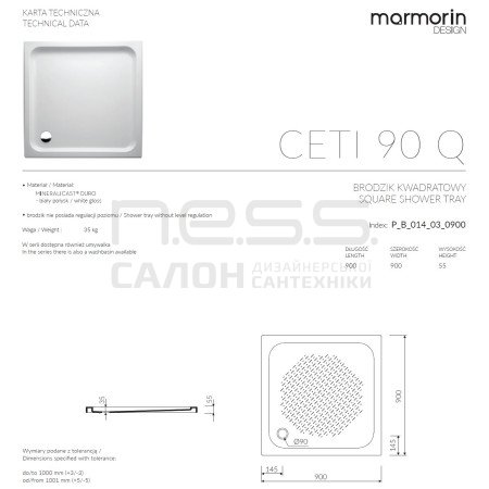 Душовий піддон зі штучного каменю CETI 90, Marmorin, P_B_014_03_0900