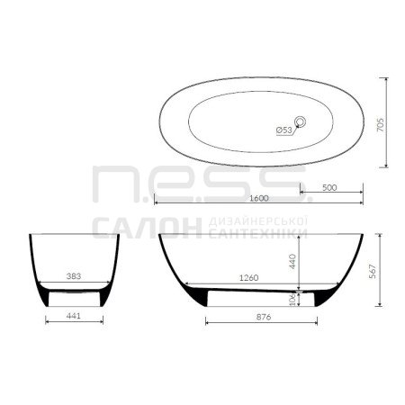 Ванна зі штучного каменю WIKA Black mat, Marmorin, P_W_648_01_1600Black_mat